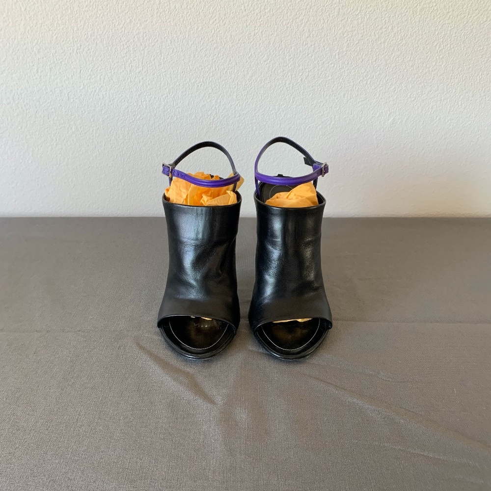 Balenciaga Black Leather Open Toe Heel with Purple